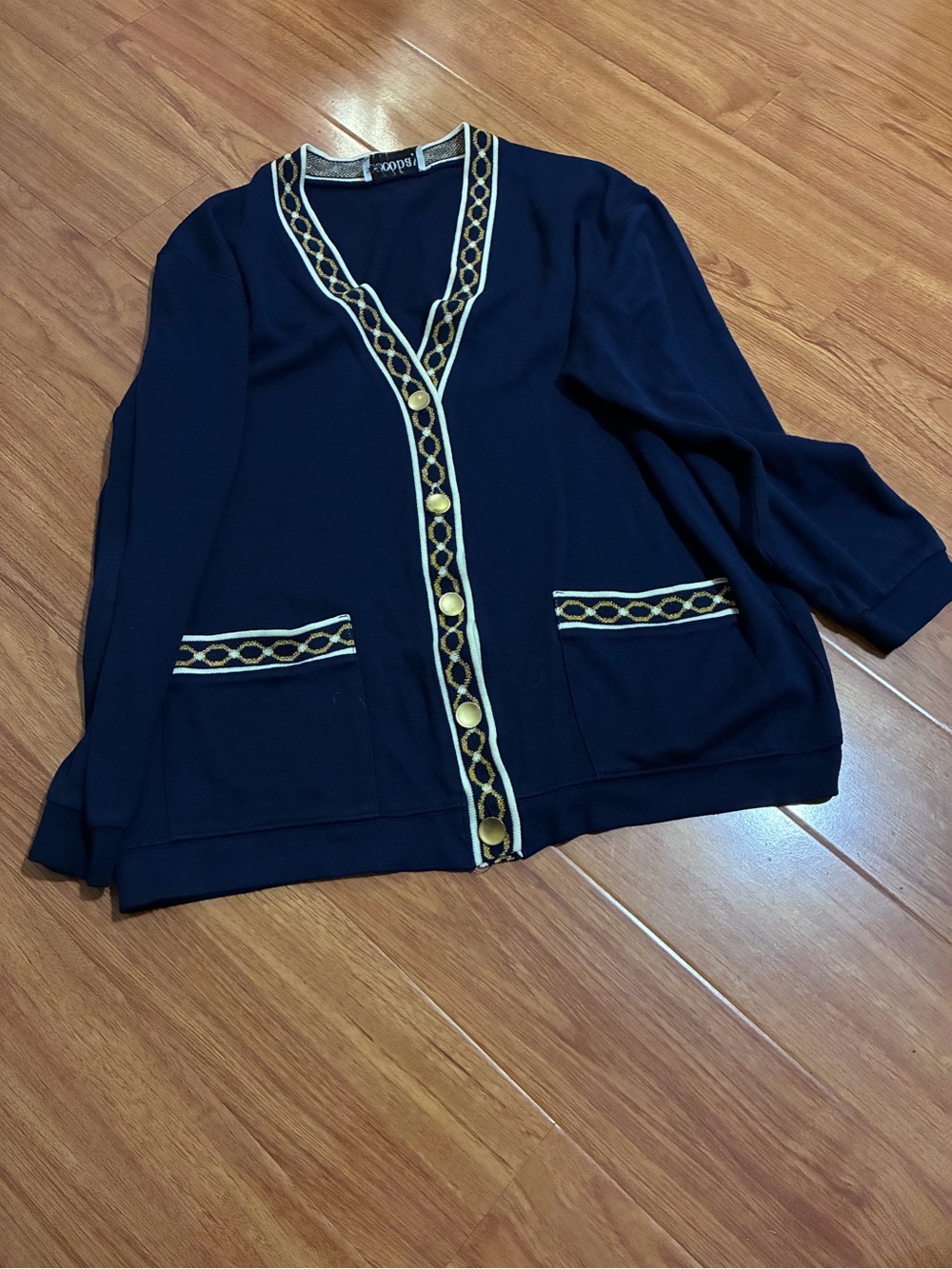 Ecco Navy Cardigan with Gold Trim and Buttons